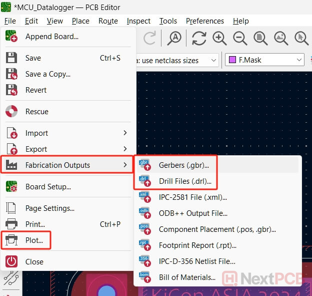 KiCad 9 Generate fabrication outputs Gerber Drill Menu