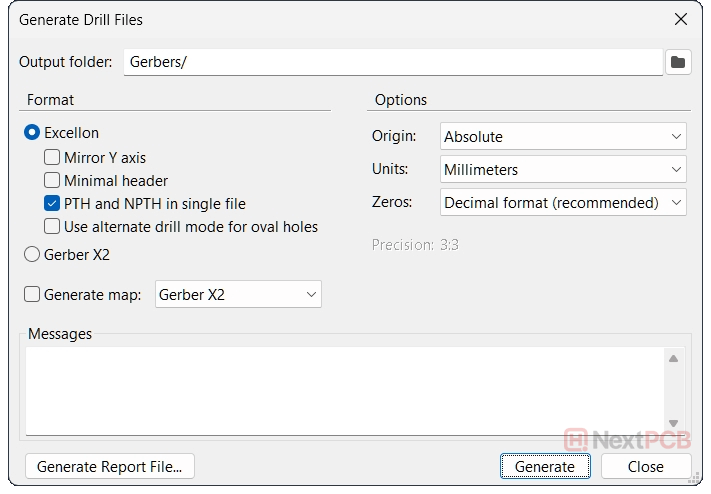 KiCad 9 export Gerber drill files drill options for NextPCB